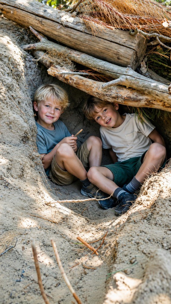 Twee kinderen die samen buiten spelen in een hut